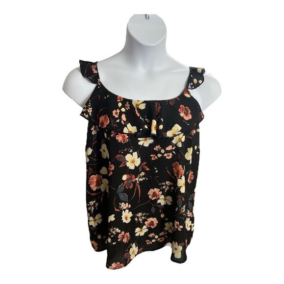 Maurices Black Pink Floral Blouse Size 0 Ruffle Neck Sleeveless Tie Pullover - Picture 1 of 10